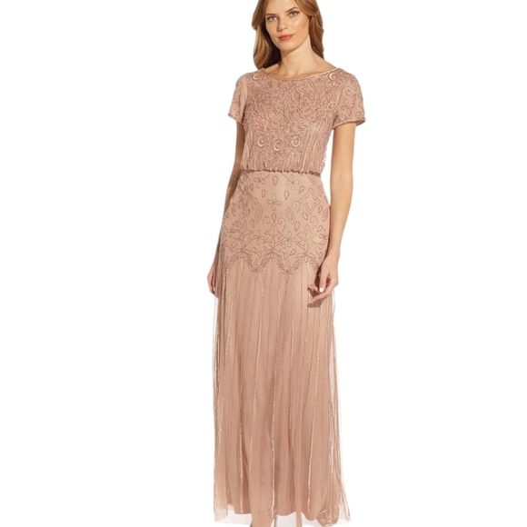 Adrianna Papell Beaded Chiffon Flowy Formal Maxi Gown Neutral Blush  NWT Sz 10 - Picture 7 of 8